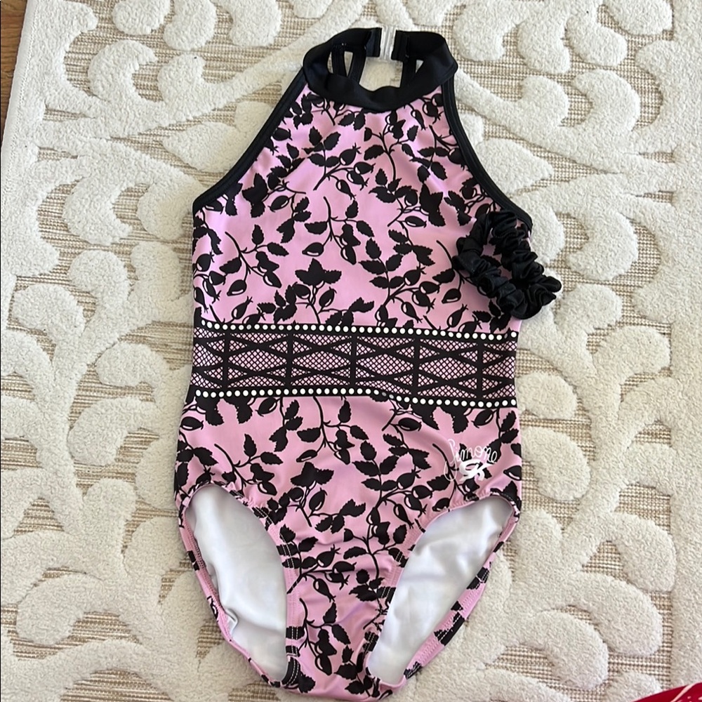 GK X Simone Biles Pink and Black Leotard with Elegant Damask Design Size CL